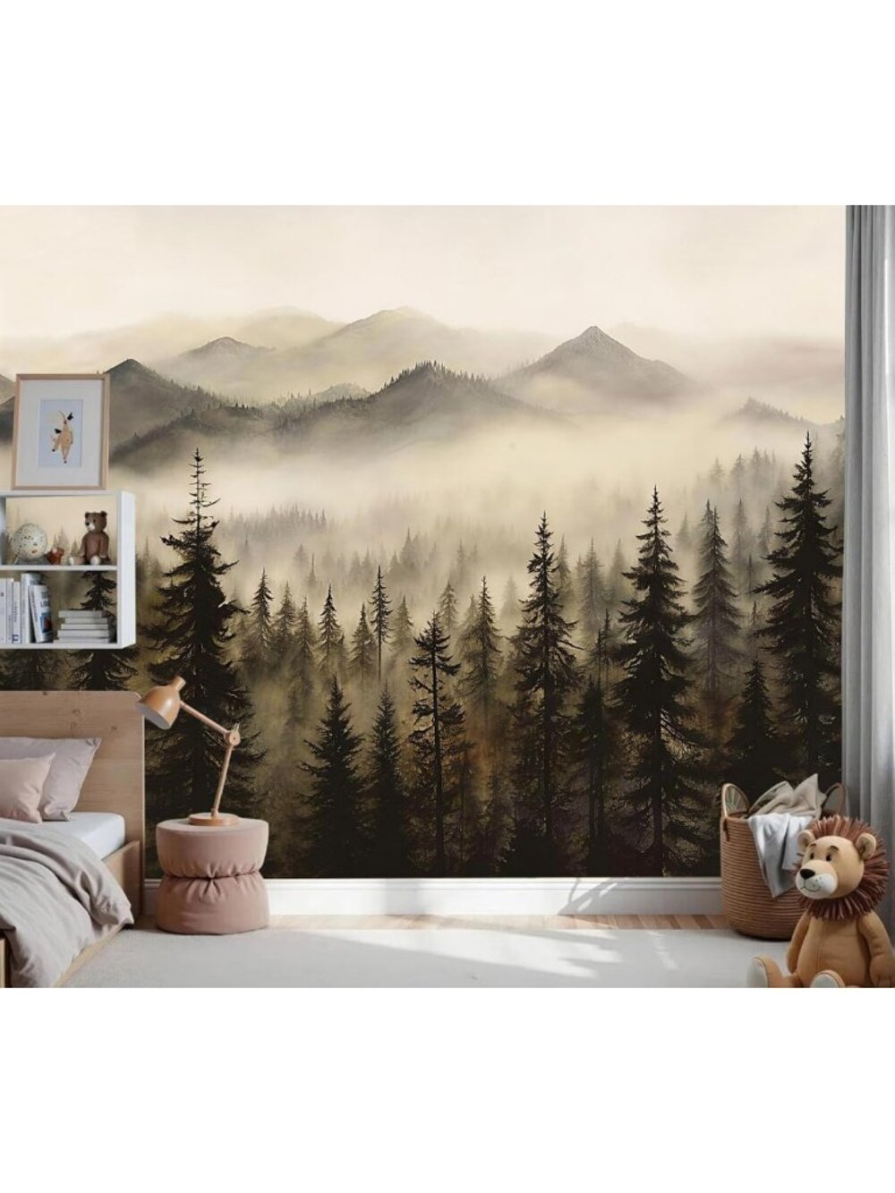 Vintage Foggy Pine Forest Mountain Landscape Wallpaper - Moody Nature Decor